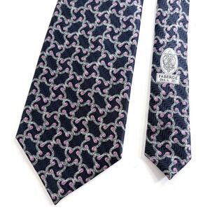 Faberge Silk Necktie Navy Blue Pink Geometric Imperial Crest Handmade 4"